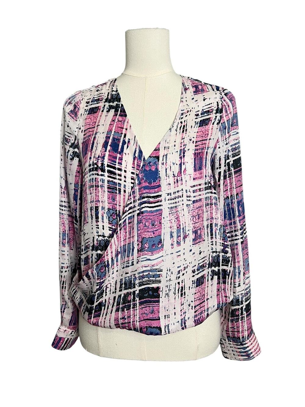 Under Skies Blouse Womens 8 Pink Geometric Surplice V Neck Long Sleeve Top